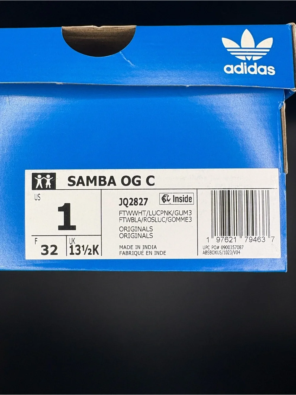 Brand New adidas Samba OG Children’s Size 1Y Cloud White Lucid Pink Gum JQ2827